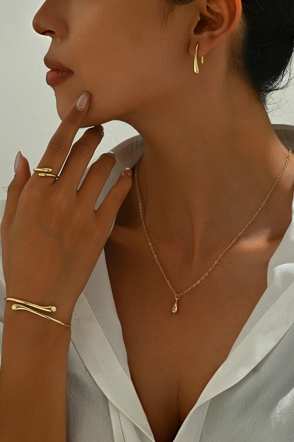 Water Droplet Shaped Earrings Necklace Adjustable Bracelet Ring Jewelry Set