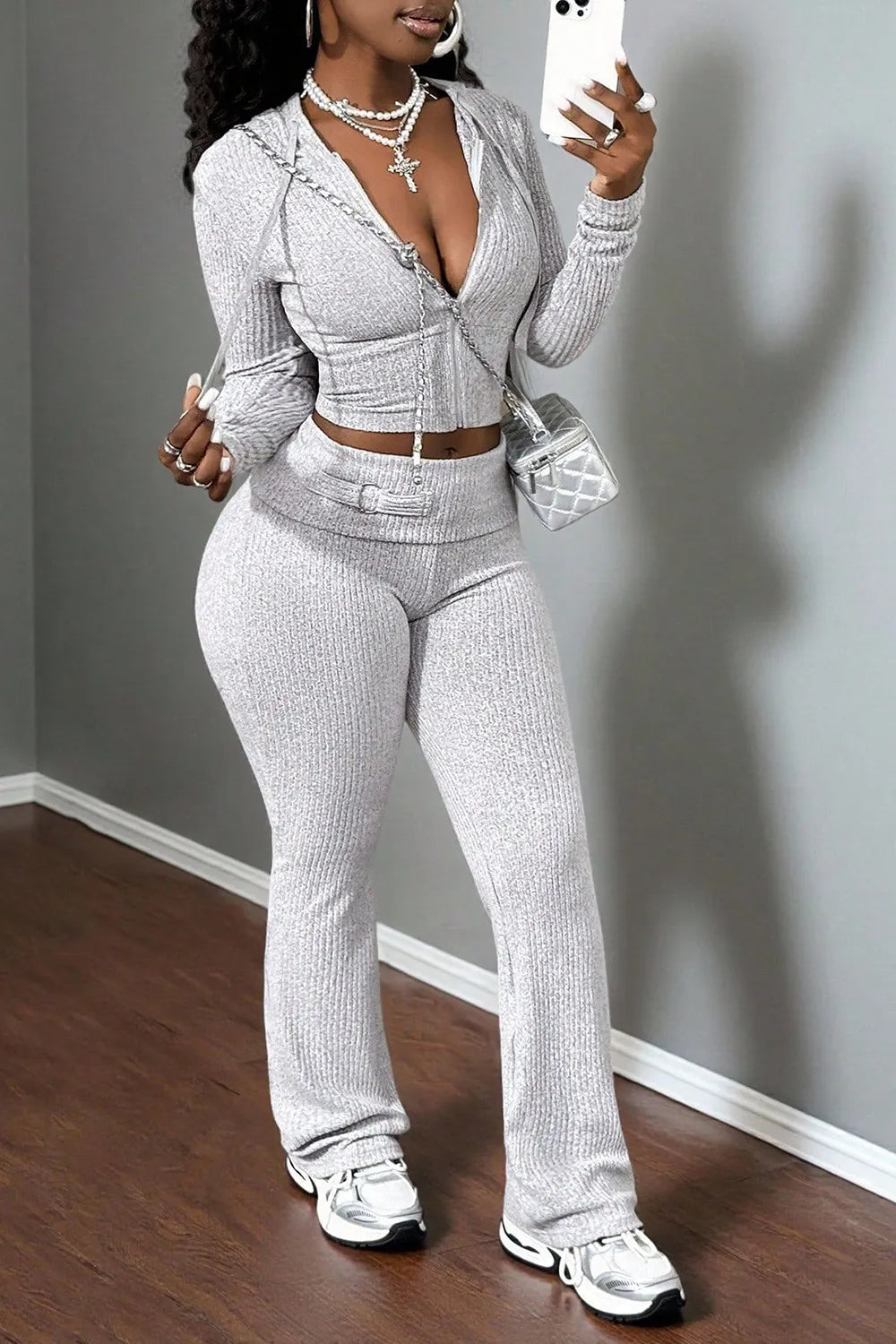 Ribbed Long Sleeve Zip Up Crop Hoodie High Waist Pants Causal 2pcs Set-Gray