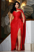 Strapless Halter Scarf Cinch Waist Slit Gowns Maxi Dresses-Red