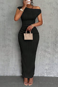 Off Shoulder Sleeveless Wavy Pattern Solid Color Bodycon Maxi Dresses-White