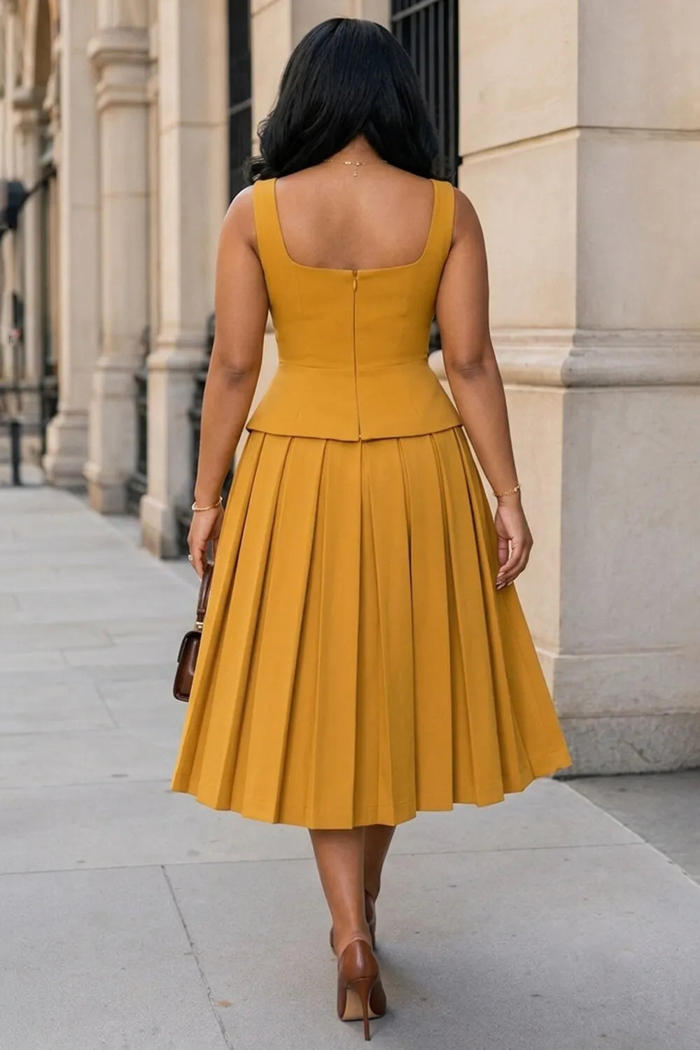 Wide Straps Square Neck Top Pleated Midi Skirt 2pcs Set-Yellow