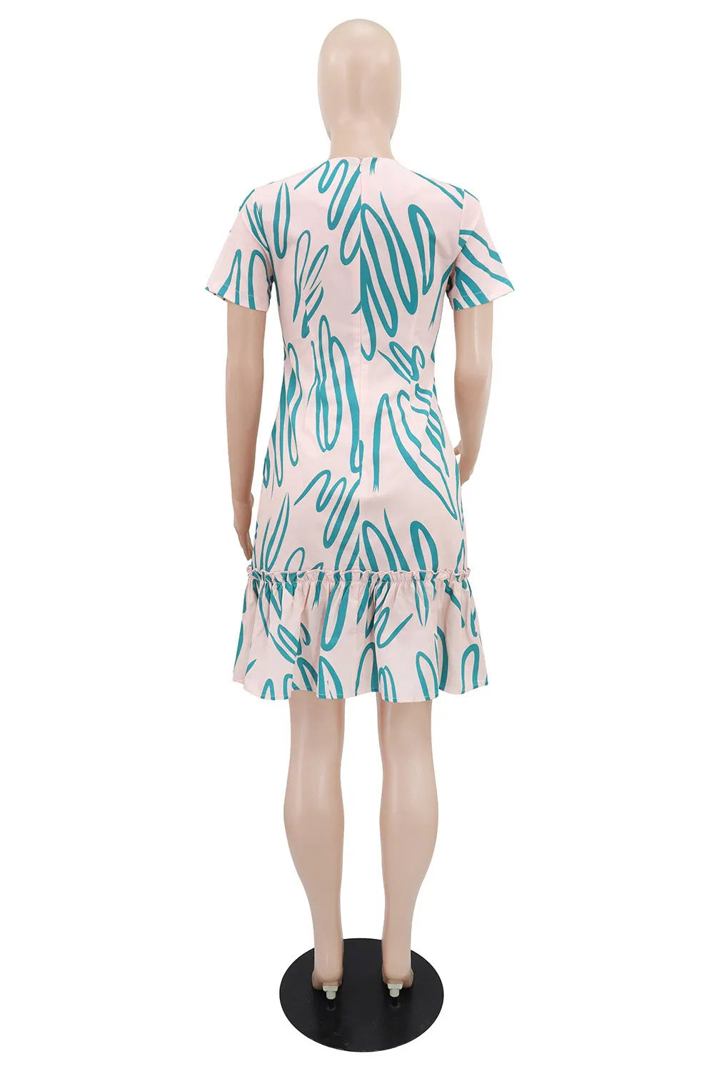 Round Neck Short Sleeve Abstract Print Ruffle Casual Mini Dresses-Pink