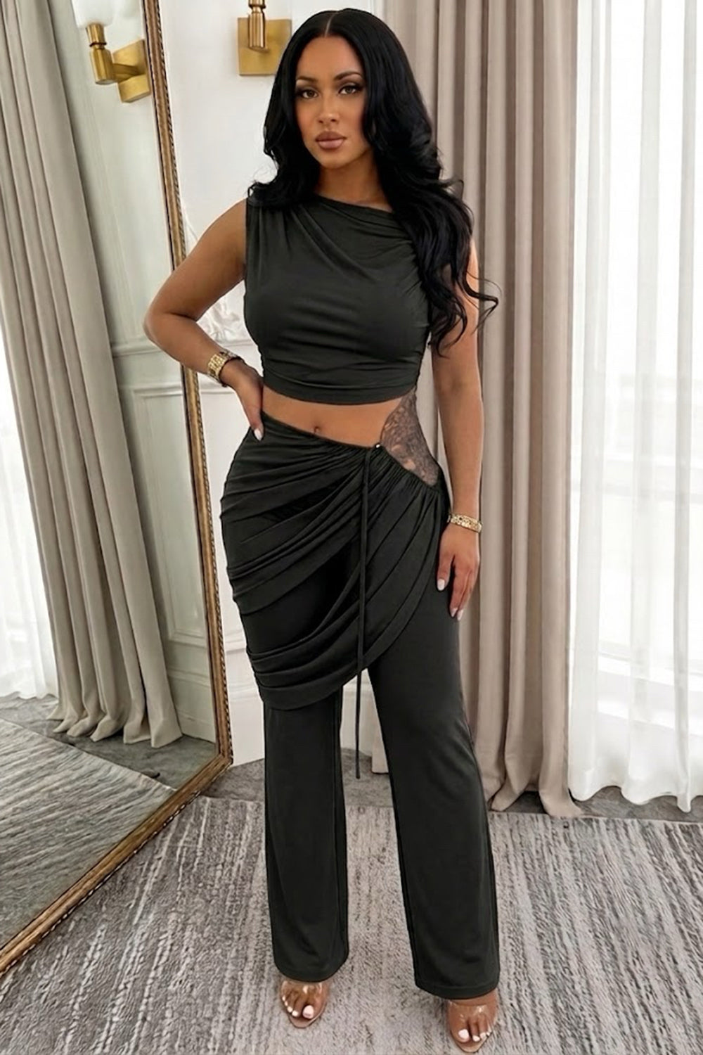 Sleeveless Crop Top Draped Drawstring Straight Leg Pants 2pcs Set-Black