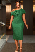 One Shoulder 3D Bow Decor Textured Solid Color Slim Gowns Midi Dresses-Green
