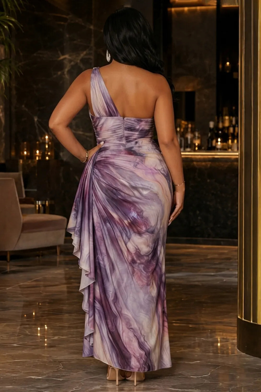 Tie Dye Oblique Collar Irregular Slit Hem Maxi Dresses-Purple