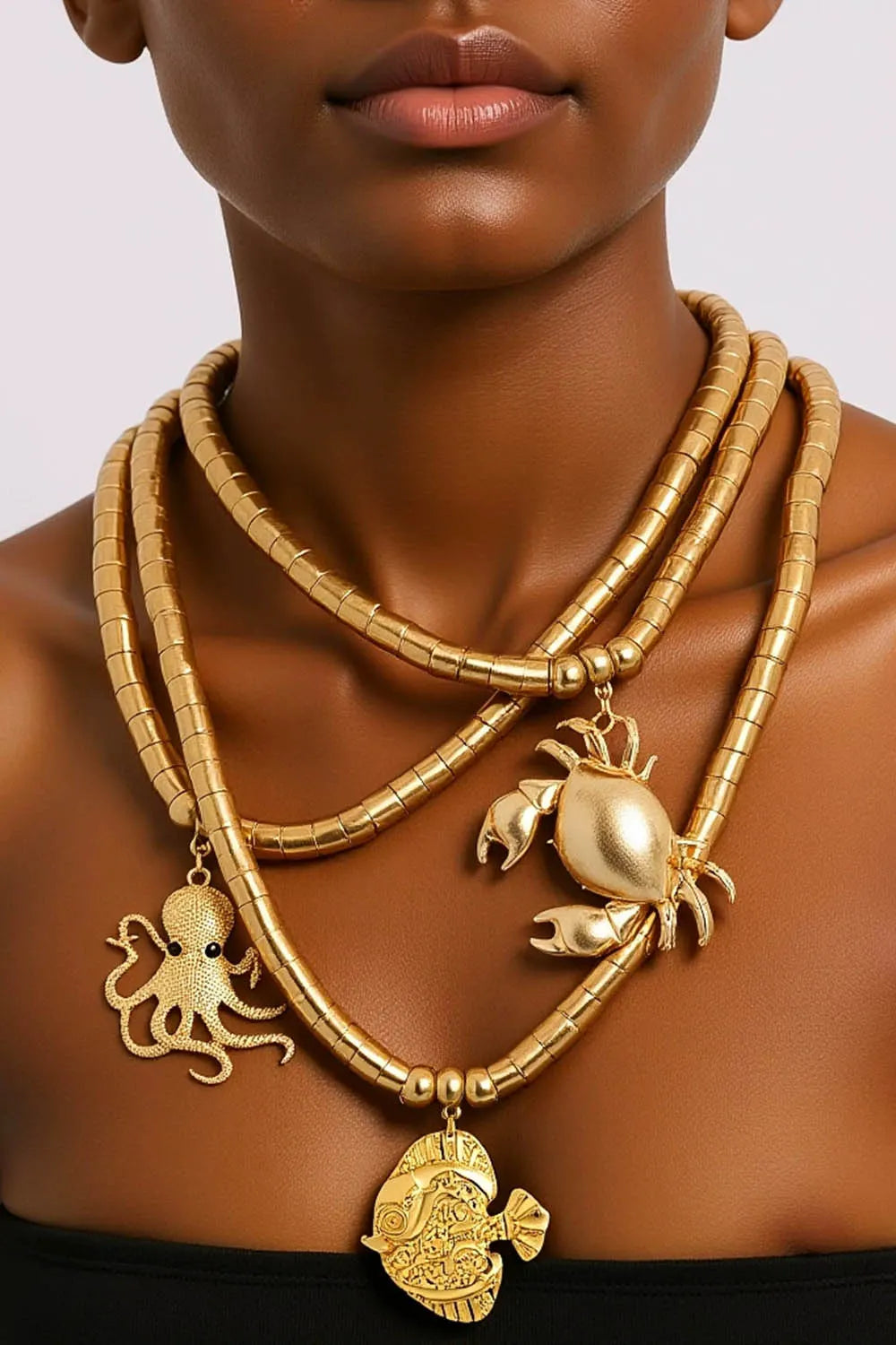 Metallic Tube Bead Multi-Layer Ocean Animal Pendant Stacked Necklace