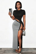 Round Neck Cut Out Patchwork Lace-Up Slim Maxi Dresses-Black