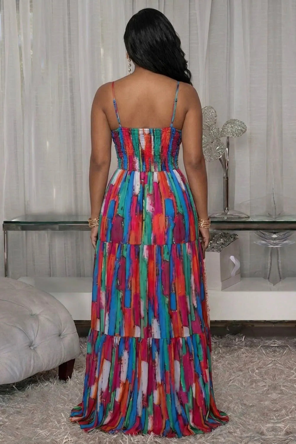 Colorblock Deep V Neck Cinch Waist Vacation Maxi Dresses