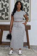 Round Neck Short Sleeve Top Slim Maxi Skirt Casual 2pcs Set-Gray