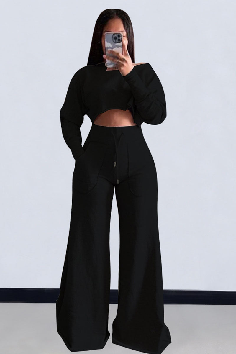 Plain Long Sleeve Crop Sweatshirt Pocket Wide Leg Pants Matching Set-Gray