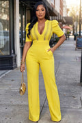 V Neck Short Sleeve Cinch Waist Casual Wide Leg Jumpsuit-Yellow