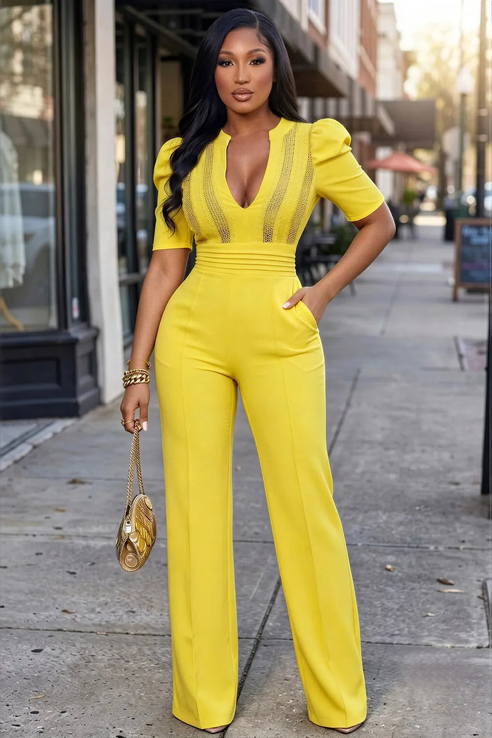 V Neck Short Sleeve Cinch Waist Casual Wide Leg Jumpsuit-Yellow
