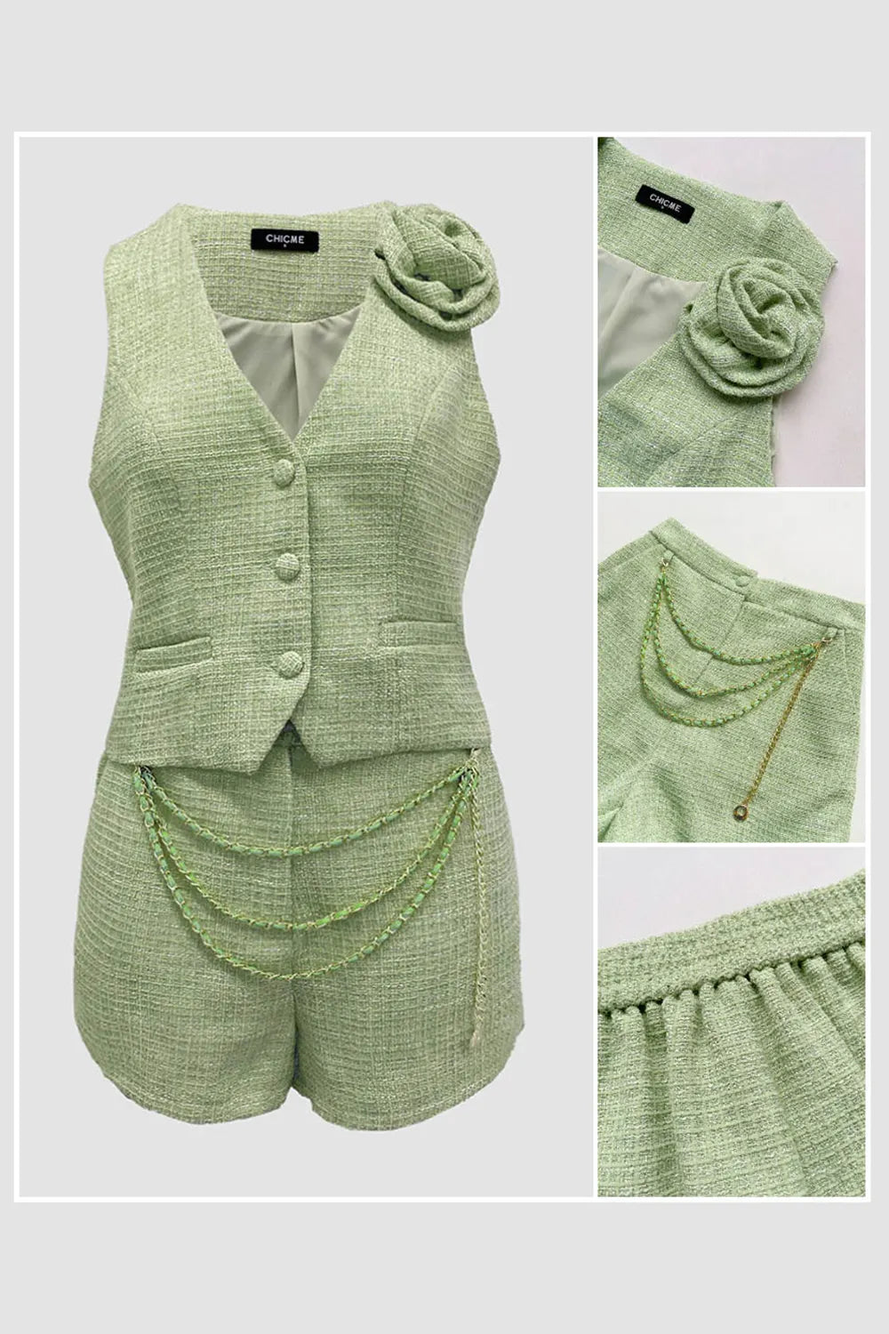 V Neck 3D Floral Single Breasted Vest Waist Chain Shorts 2pcs Set-Green