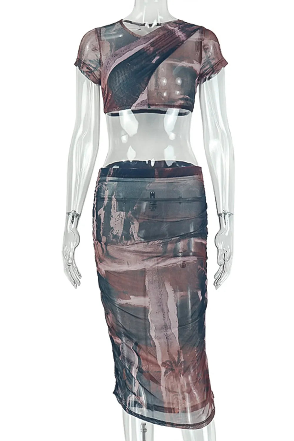 All Over Print Round Neck Short Sleeve Top Maxi Skirt Casual 2pcs Set-Brown
