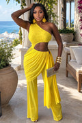 One Shoulder Oblique Collar Cut Out Ruched Streamer Mesh Jumpsuit-Yellow