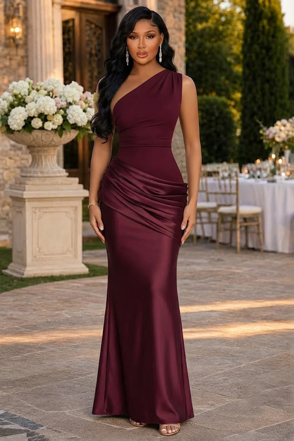 Oblique Collar One Shoulder Ruched Satin Slim Fit Maxi Dresses-White