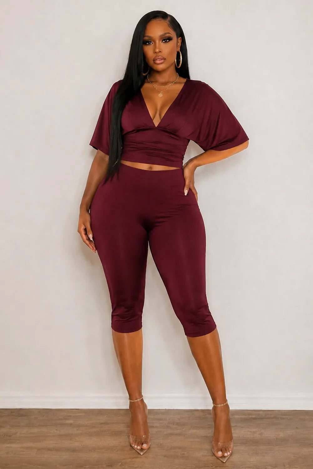 Solid Color V Neck Short Sleeve Top Capri Pants 2pcs Set-Yellow