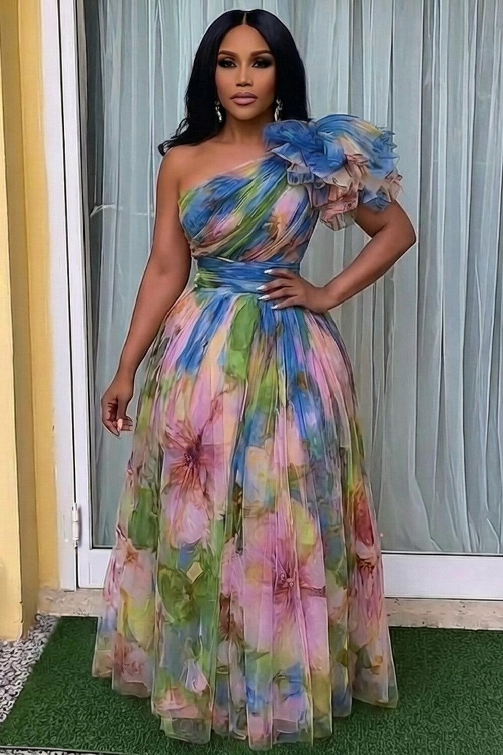 One Shoulder Cinch Waist Floral Gowns Maxi Dresses