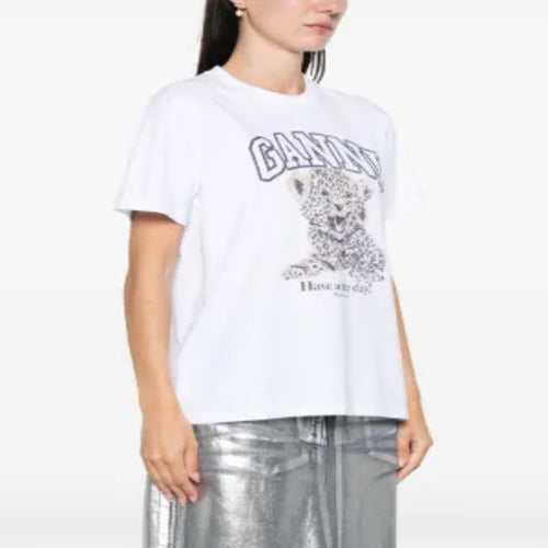 GANNI Vintage Leopard Cub Graphic Short Sleeve Crew Neck Cotton T-Shirt