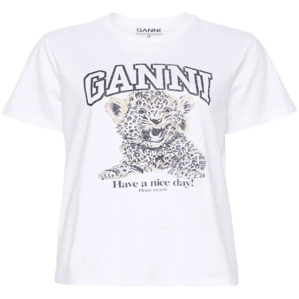 GANNI Vintage Leopard Cub Graphic Short Sleeve Crew Neck Cotton T-Shirt