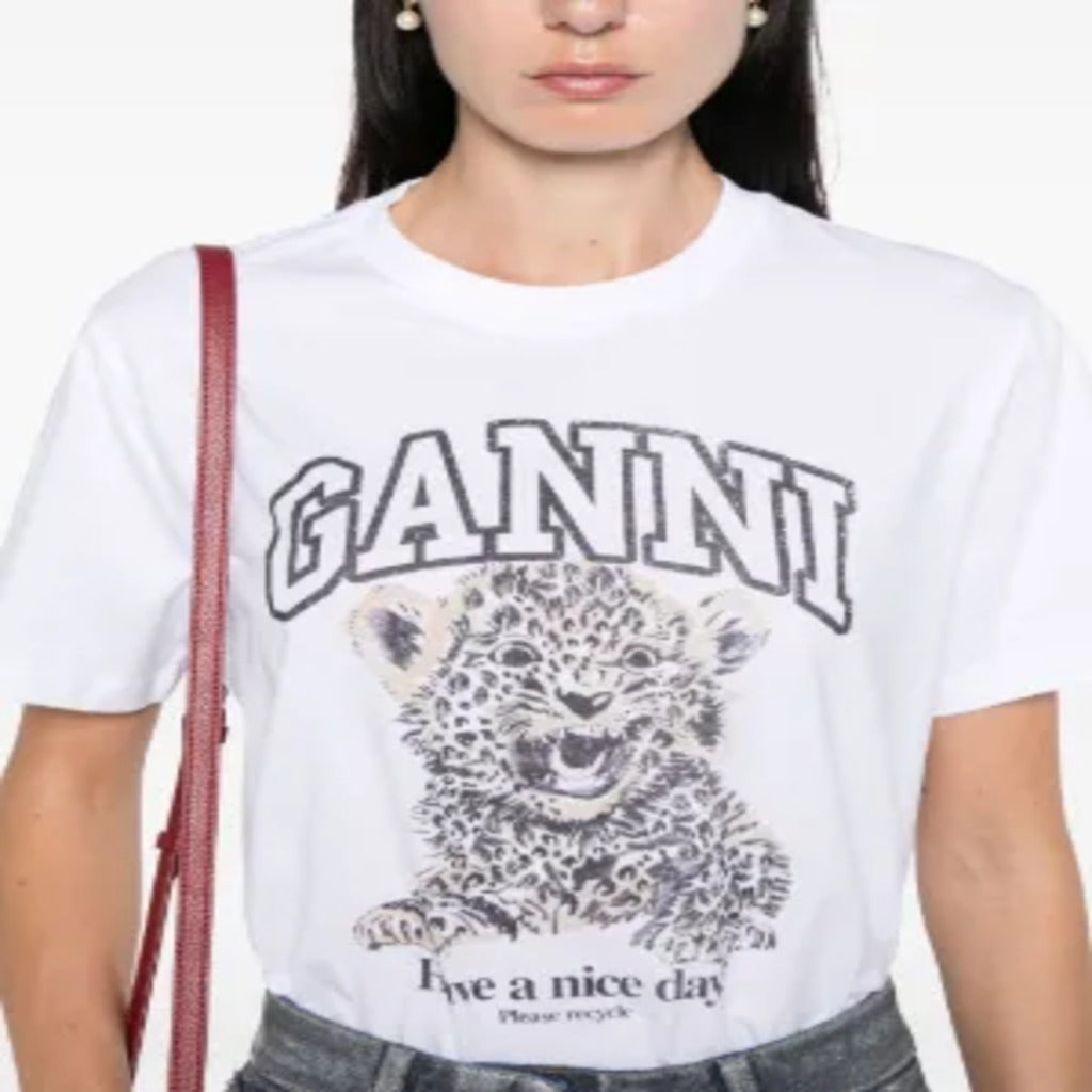GANNI Vintage Leopard Cub Graphic Short Sleeve Crew Neck Cotton T-Shirt