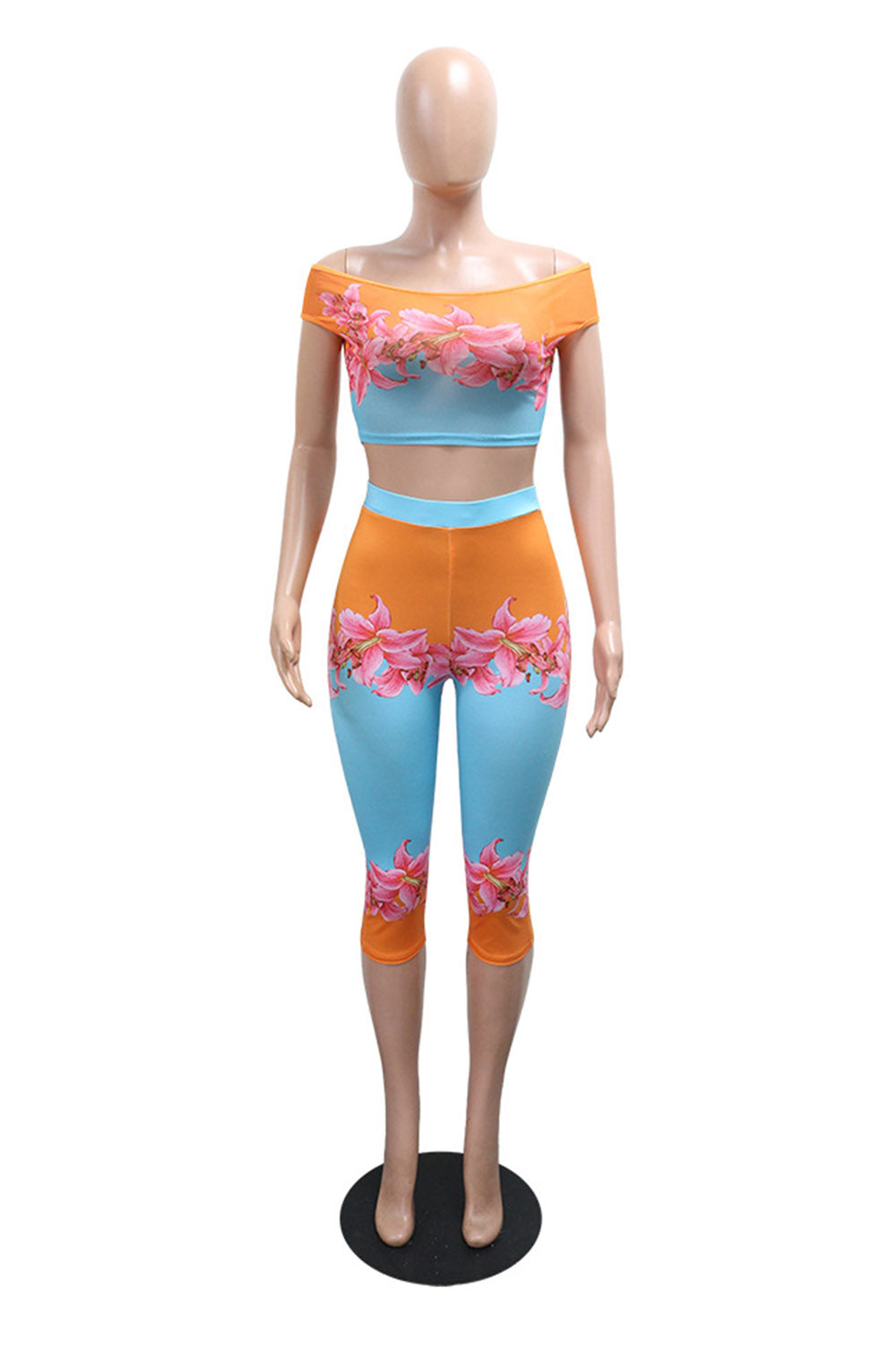 Floral Print Dropped Shoulder Crop Top High Waist Capri Pants 2pcs Set-Orange