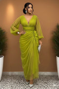 Deep V Neck Long Sleeve Ruched Mesh Gowns Maxi Dresses-Green