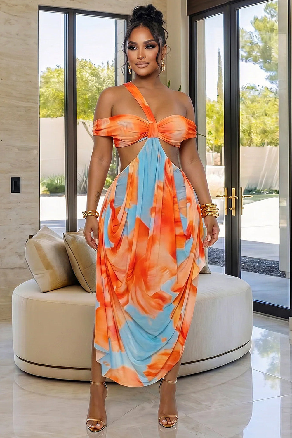 All Over Print Off Shoulder Waist Cut Out Irregular Hem Maxi Dresses-Orange