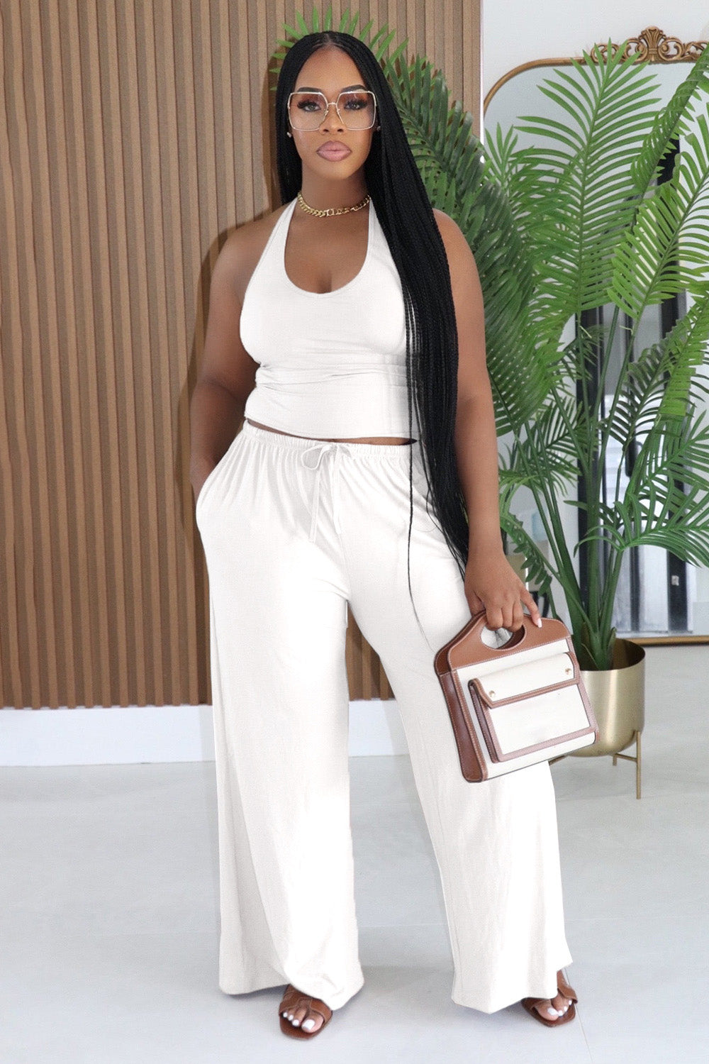 Halter Tank Top High Waist Pocket Drawstring Wide Leg Pants 2pcs Set-White