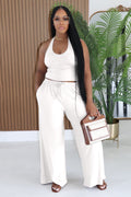 Halter Tank Top High Waist Pocket Drawstring Wide Leg Pants 2pcs Set-White