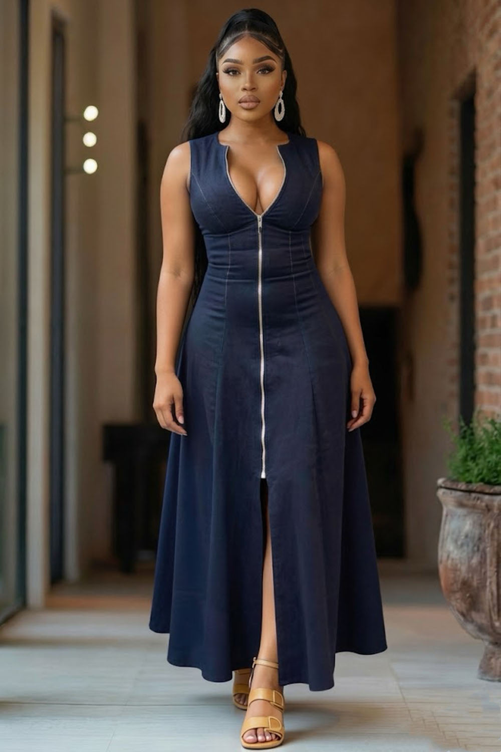 Round Neck Sleeveless Zipper Solid Color A-Line Casual Maxi Dresses-Navy