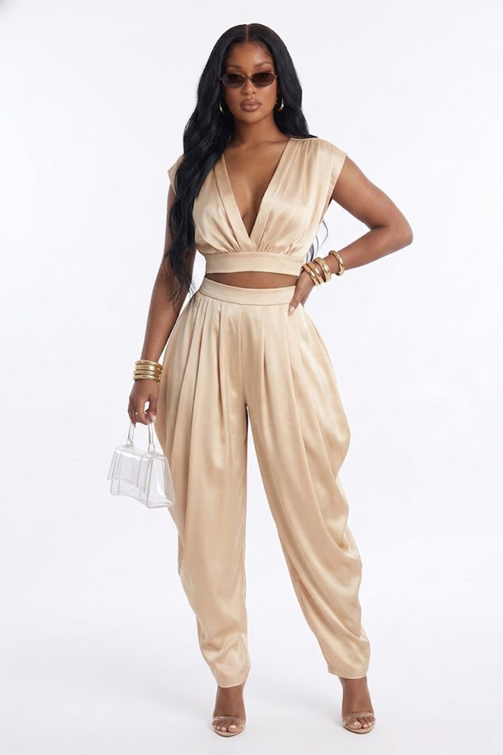 Solid Color Backless Deep V Neck Crop Top Ruched Pants 2pcs Set-Green