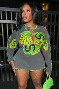 Graphic Print Round Neck Long Sleeve Casual Mini Dresses-Gray