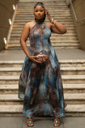 Halter Backless Tie Dye A-Line Vacation Maxi Dresses-Gray
