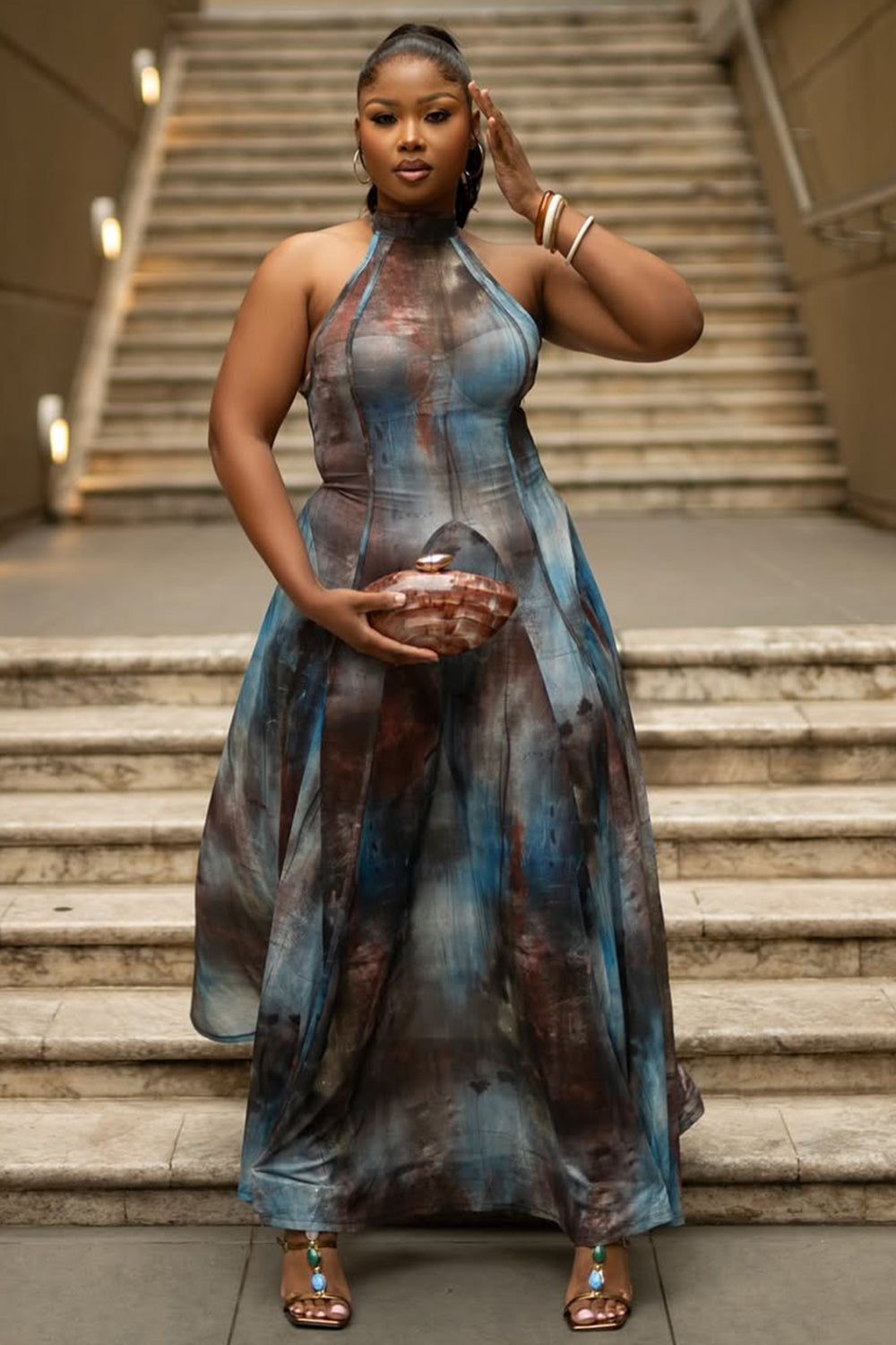 Halter Backless Tie Dye A-Line Vacation Maxi Dresses-Gray