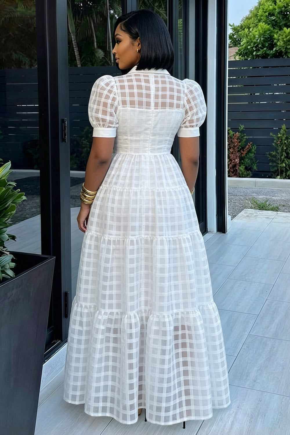 Collar Puff Sleeve Plaid A-Line Maxi Dresses-White