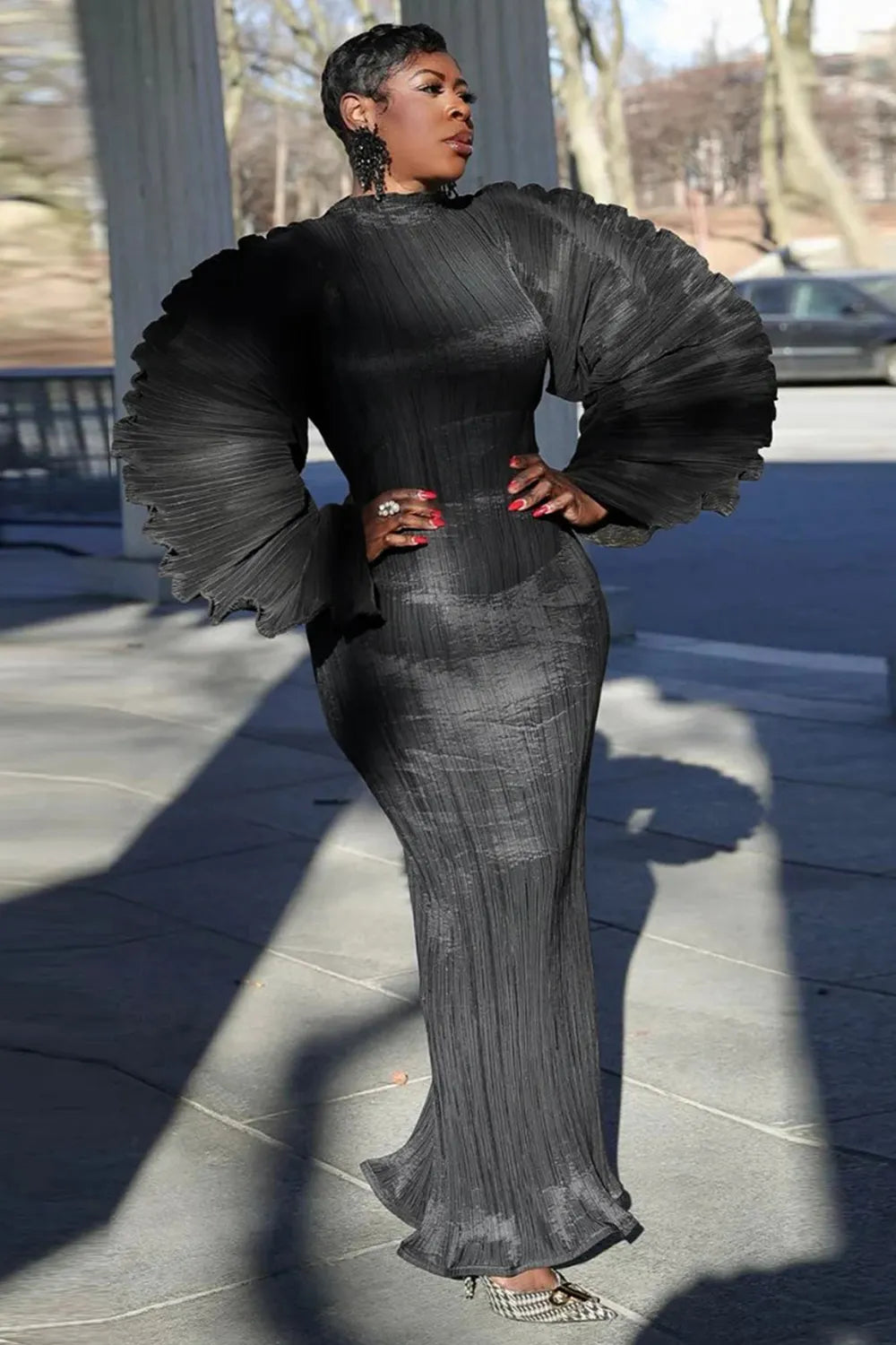 Round Neck Balloon Sleeve Ruched Cinch Waist Solid Color Maxi Dresses-Black