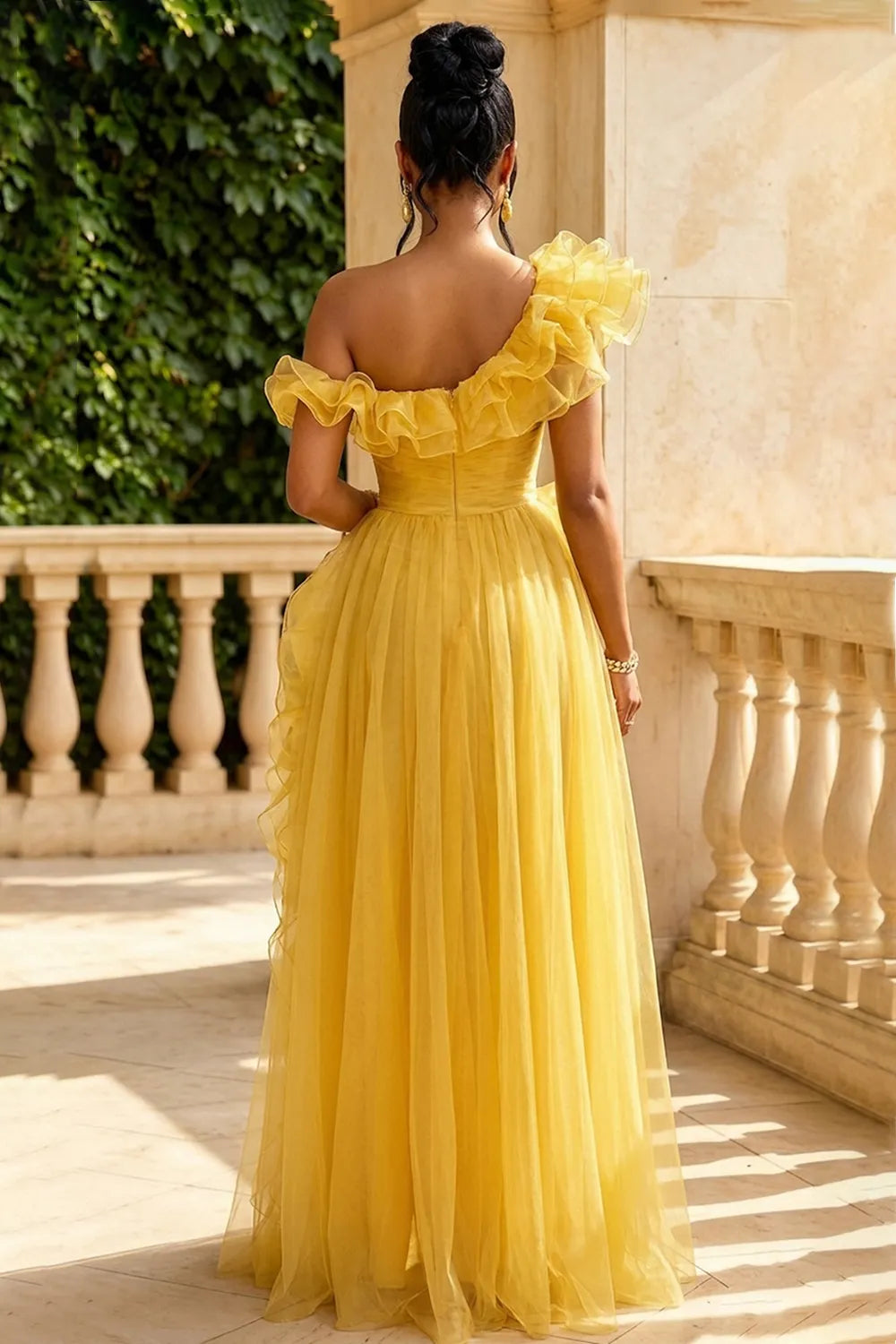 Frilled Trim One Shoulder High Slit Gowns Maxi Dresses-Yellow