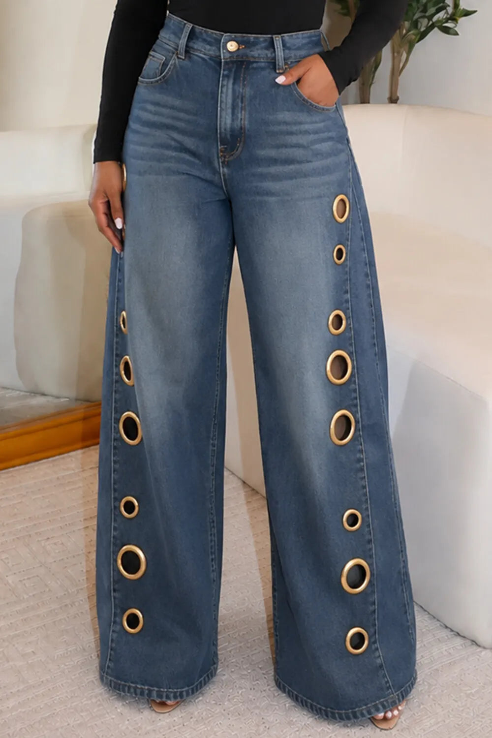 Denim Metal Eyelet Hollow Out Loose Fit Wide Leg Casual Jeans-Blue