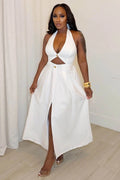 Halter Backless Cut Out Slit A-Line Casual Maxi Dresses-White