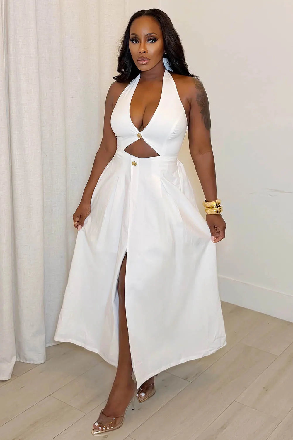 Halter Backless Cut Out Slit A-Line Casual Maxi Dresses-White