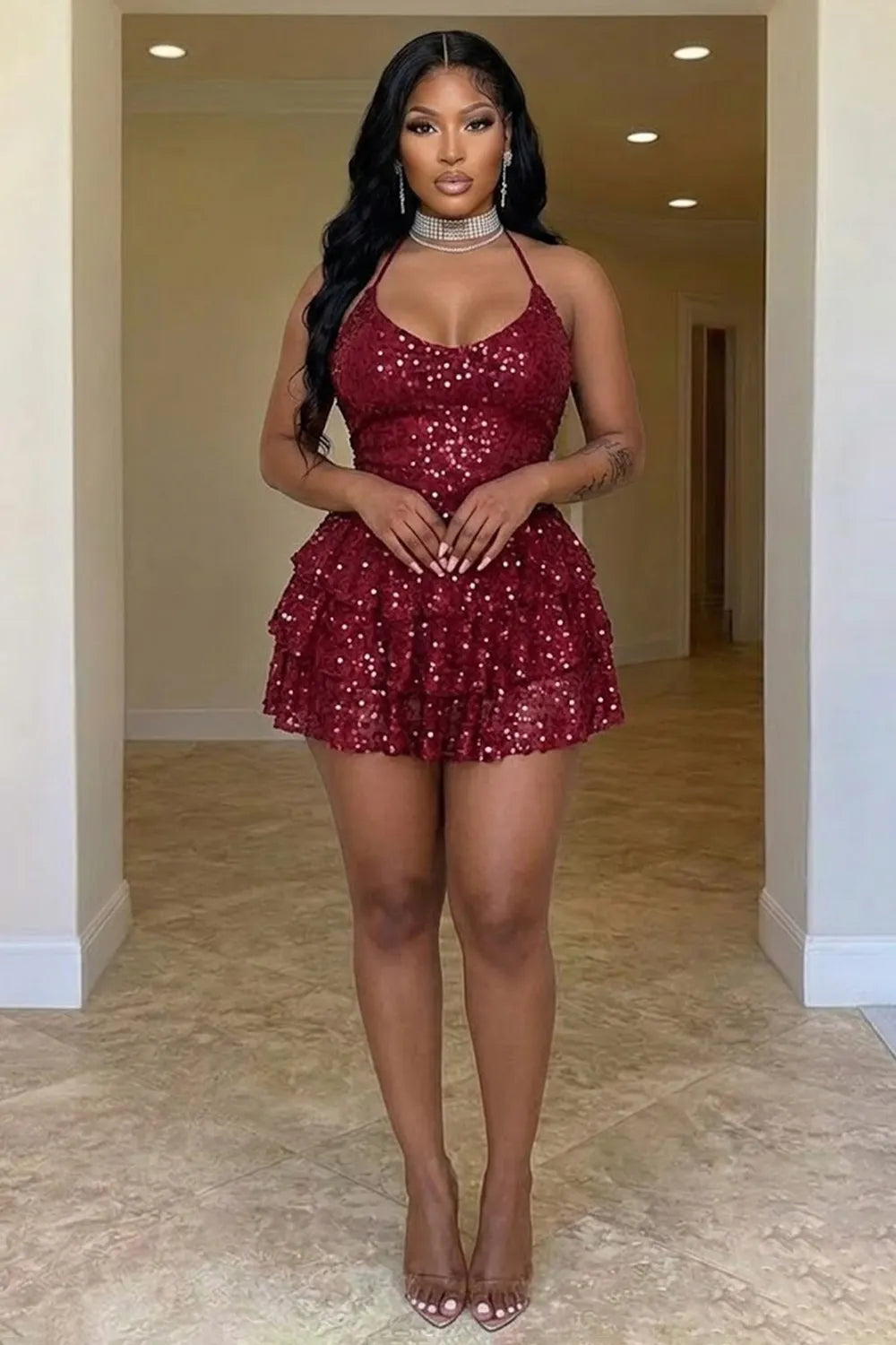 Halter Neck Sequin Cinch Waist Tiered Ruffle Hem Party Mini Dresses-Red