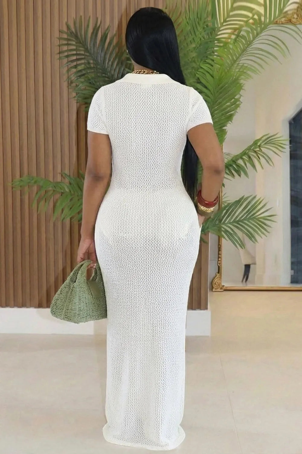 Plain Crochet Hollow Out Short Sleeve Bodycon Maxi Dresses-White