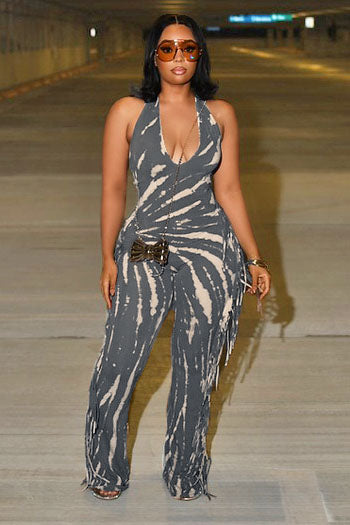 Halter U Neck Tie Dye Print Fringe Daily Wide Leg Jumpsuit-Brown