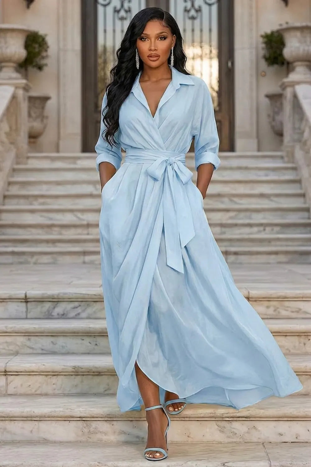Solid Color Polo Neck 3/4 Sleeve Sash Ruched Vacation Maxi Dresses-Yellow
