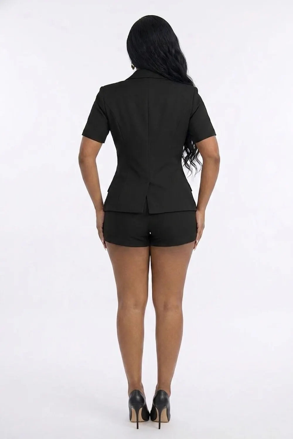 Double-Breasted Peak Lapel Short Sleeve Blazer Plain Shorts 2pcs Set-White