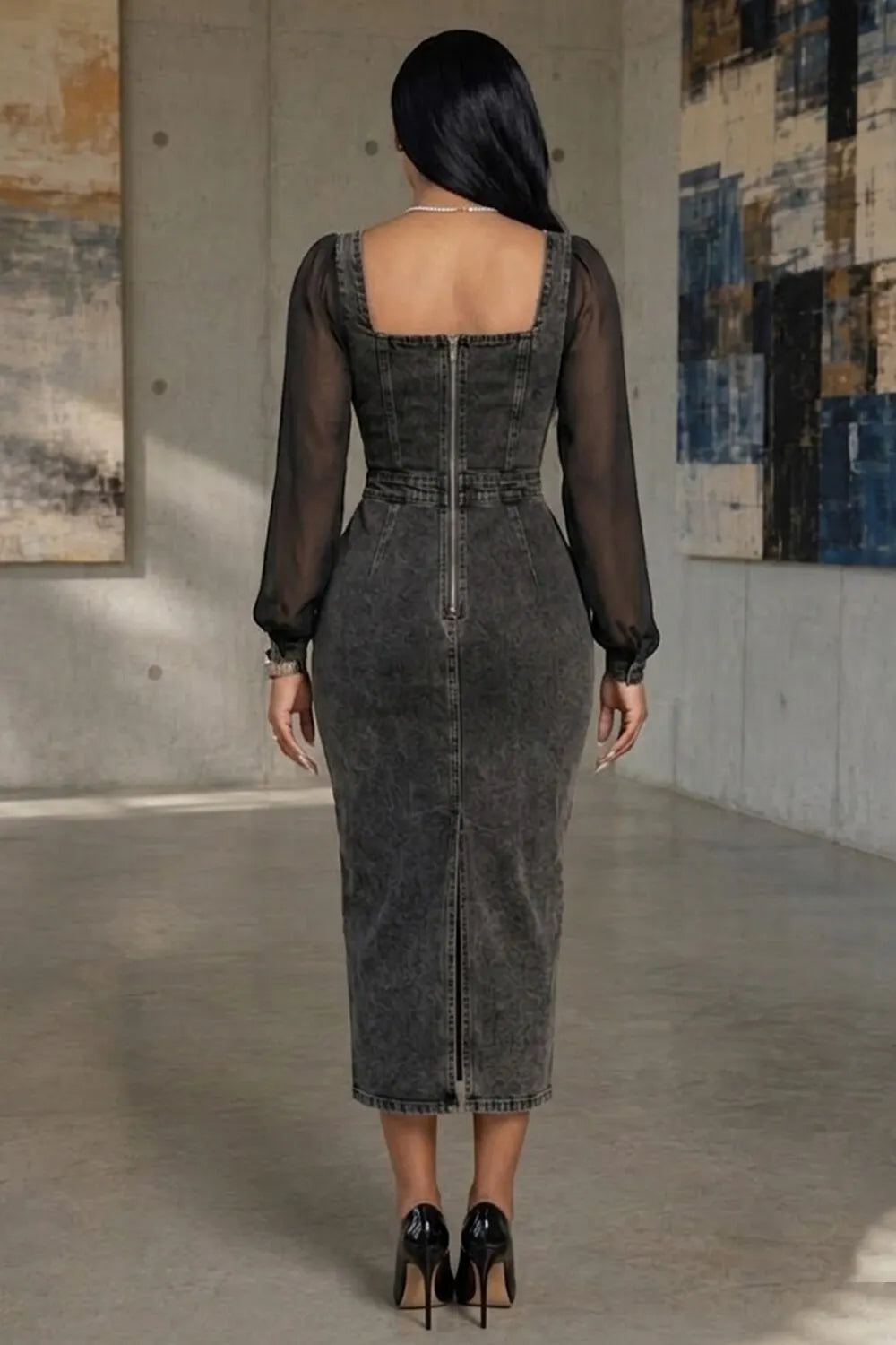 Square Neck Long Sleeve Split Hem Bodycon Midi Dresses-Black