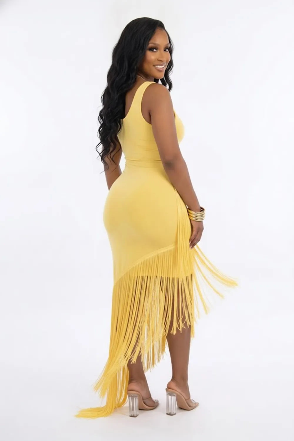 Sleeveless U Neck Fringe Asymmetrical Hem Bodycon Party Maxi Dresses-Black