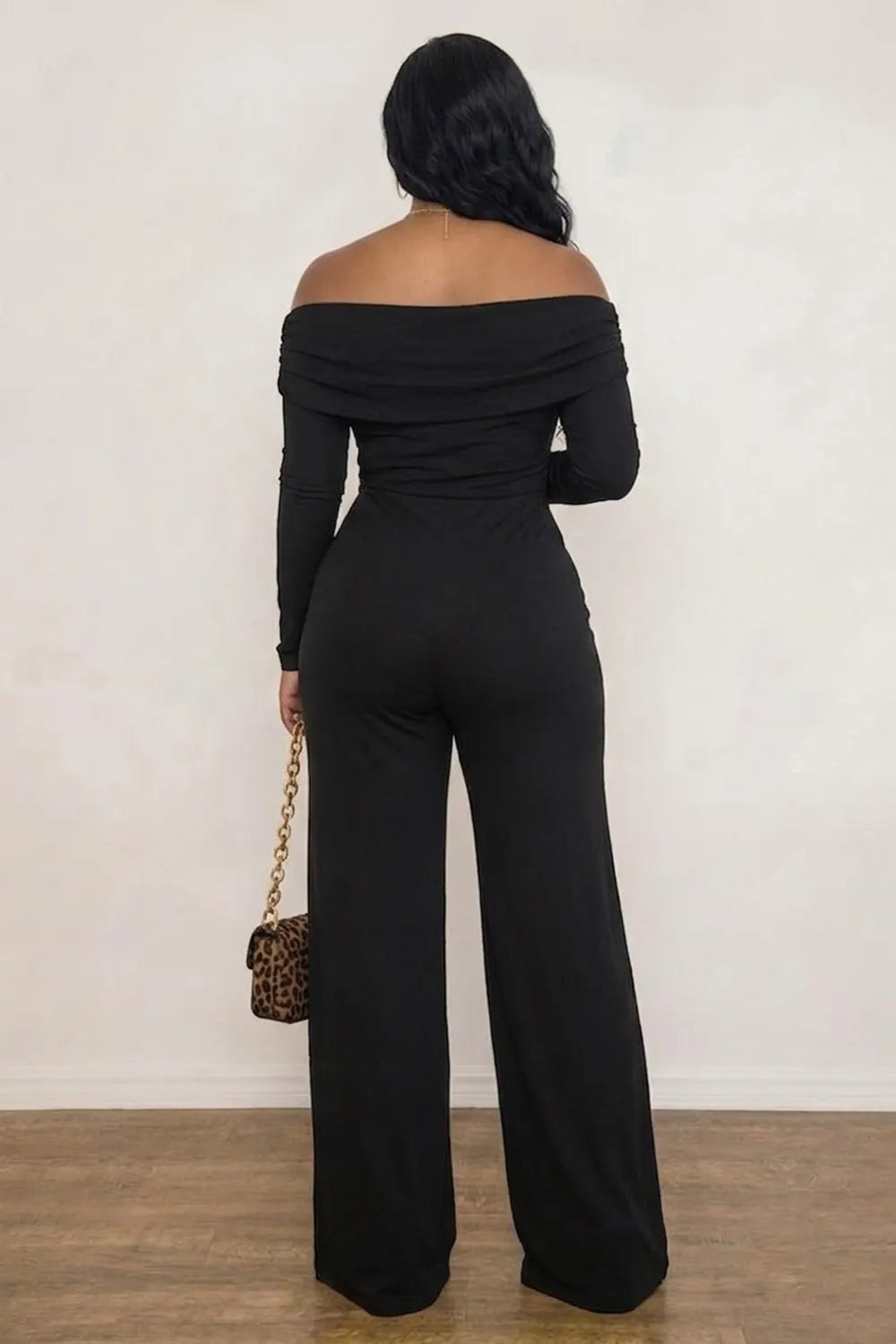 Off Shoulder Long Sleeve Irregular Hem Top Wide Leg Pants 2pcs Set-Black