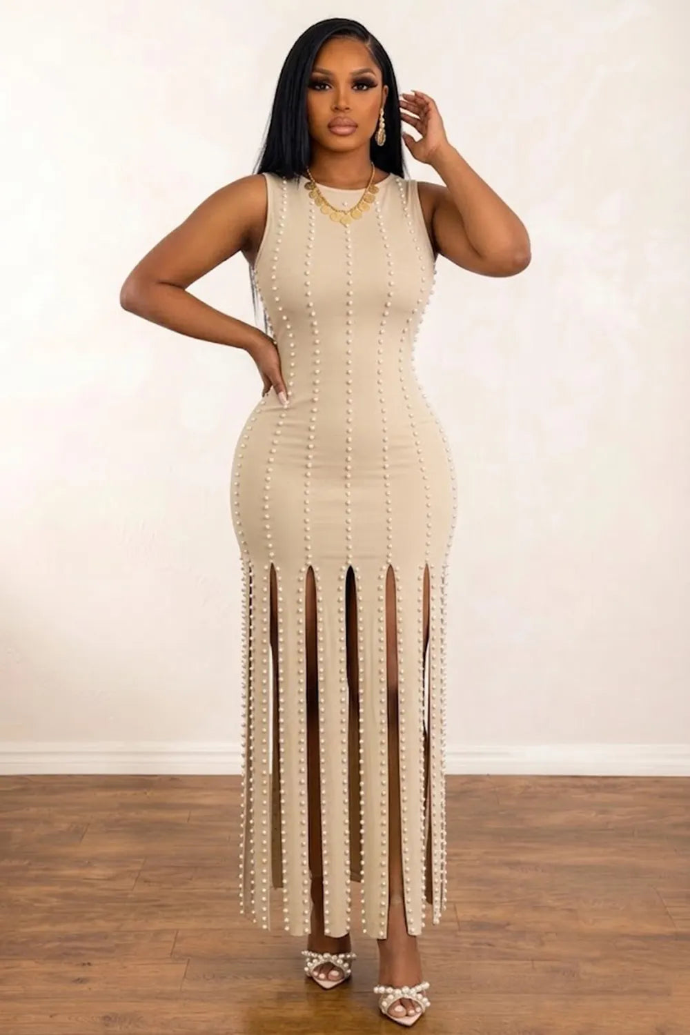 Round Neck Sleeveless Studded Multi Front Slit Party Maxi Dresses-Black